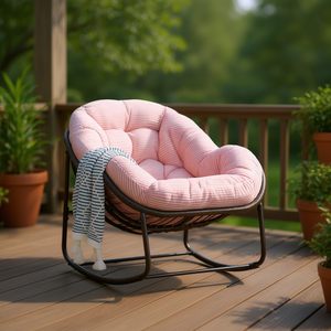 Fauteuil à bascule en rotin rose d'extérieur avec coussin rembourré pour véranda, jardin, patio, salon, design moderne - Product Image 2