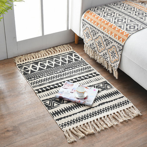 Black White Bath Mat, Woven Cotton Material With Tassel of <strong>Boho</strong> Bathroom Floor <strong>Rug</strong> - Product Image 5