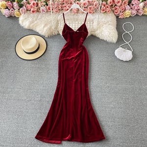 Nouvelle mode V profond coupe basse haute fourche ouverte licou Banquet hôte or velours Sexy dos nu robes <span class=keywords><strong>de</strong></span> soirée - Product Image 5