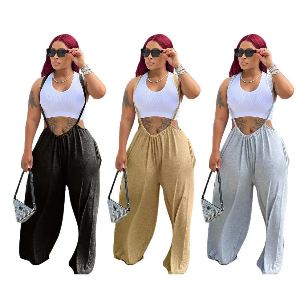 2023 Women's Summer New Style Clothes Casual Solid Backless Spaghetti Strap Suspender Jumpsuit Women Wide Leg Baggy Pants