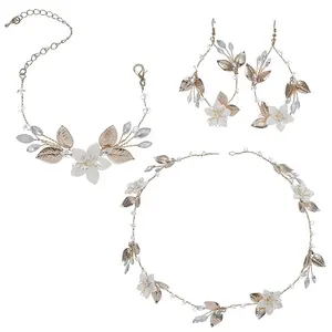 Hot Sale Rhinestone Floral Tiara Bracelets Earring Gold Bridal Jewelry Sets Crystal Wedding Girls Hair Accessories set