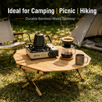 Table de camping octogonale portable en bambou avec pieds en X, table pliante d'extérieur pour pique-nique avec pieds en caoutchouc