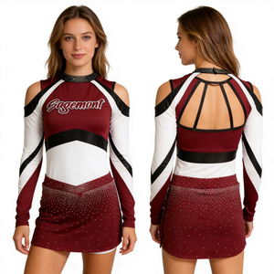 Jupe de cheerleading personnalisable pour l'identité d'équipe |   Ensemble dos nu découpé bordeaux, blanc et noir, service OEM personnalisé en Spandex/Polyester - Product Image 1