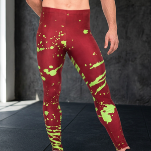 Leggings de Compresión Largos para Hombre, Rojos con Estampado de Salpicaduras Verdes, Cintura Elástica, Spandex, Poliéster - Product Image 3