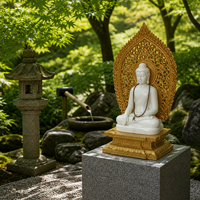 Statue de Bouddha sculptée à la main en marbre blanc avec halo doré et base en lotus, sculpture de Shakyamuni, décoration d'autel de temple ou de maison pour la méditation
