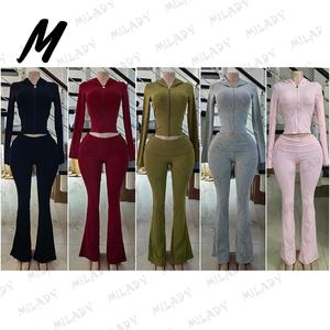 Valentinstag Süße Reißverschluss-Hoodies Langarm Crop Top Bodycon Schlaghose Trainingsanzüge Maßgeschneiderte Damen Zweiteiler Hosen-Set 2026 - Product Image 3