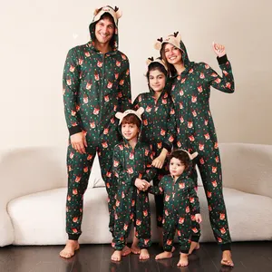 2023 Imitieren Baumwolle weiche Langarm Eltern-Kind zu Hause tragen niedlichen Cartoon gedruckt Hirsch Hut Weihnachten Familie Pyjama Hoody Overall