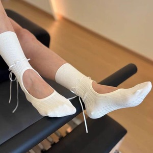 Summer Yoga <b>Socks</b> Mid Calf Non Slip Backless Drawstring Ribbon Pilates Dance Fitness Floor <b>Socks</b> White Cotton Sweat Absorbing - Product Image 1