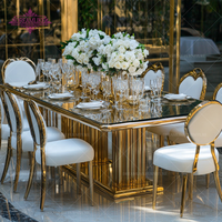 Table de mariage moderne en acier inoxydable avec plateau en verre miroir doré, durable, rectangulaire, pour extérieur, hôtel, banquet, salle à manger, mariage