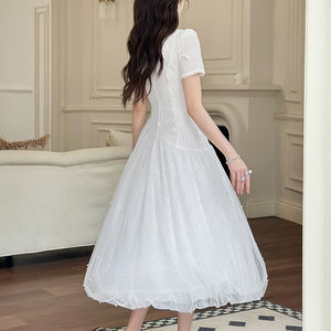 ZYHT 45174 doux naturel femmes blanc col rond maille a-ligne <span class=keywords><strong>robe</strong></span> mi-longue à manches courtes pour les cérémonies et fêtes d'été - Product Image 2