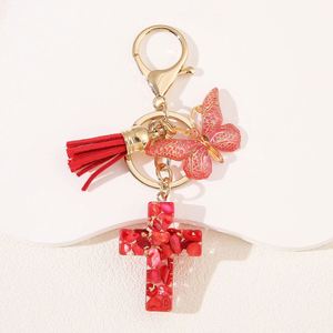 Wholesale Resin Stone Cross Keychain - Elegant Bag <b>Hanger</b> Pendant with Tassel Butterfly Charm - Product Image 3