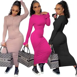 PDEP most popular fall long sleeve hoodies casual dress for women plus size cotton tight soild color sexy long dress for ladies