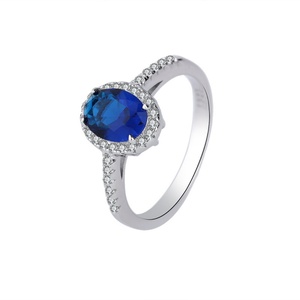 Wholesale Fashion Jewelry Eco-friendly Copper Minimalist Oval Cut 6*8MM Cubic Zirconia Blue Stone Halo <b>Ring</b> for Women Best Gift - Product Image 1