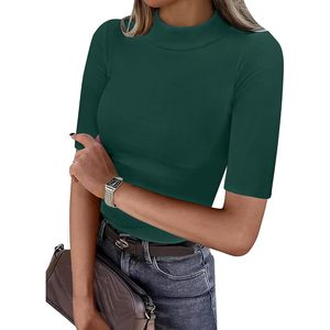 Haut en tricot côtelé à col montant et manches courtes pour femme, coupe ajustée, t-shirt basique, tenue décontractée d'été - Product Image 1