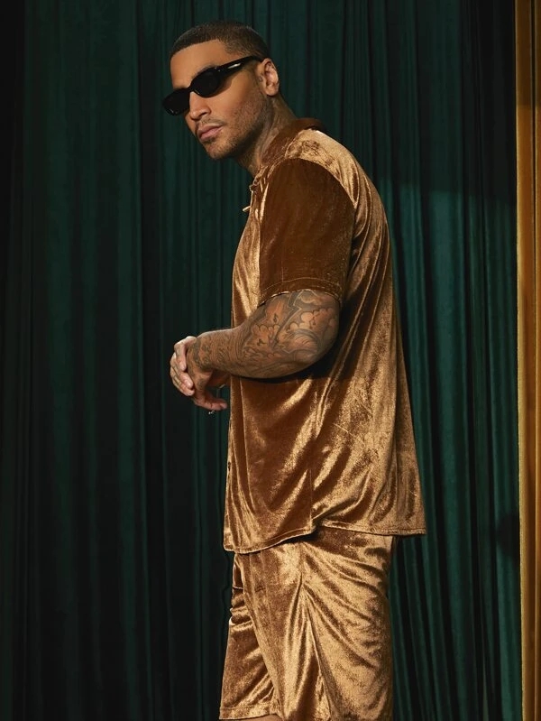 KY Button Front Velour Two Piece Set for Men's Clothes