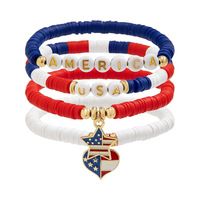 Ensemble de bracelets perlés drapeau américain, bracelet en pâte polymère souple avec pendentif, cadeau patriotique unisexe pour la fête de l'Indépendance, vente flash