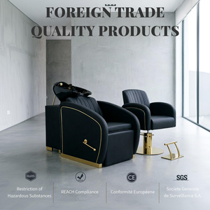 Fauteuil de lavage ergonomique inclinable personnalisable, chaise de barbier hydraulique de luxe en cuir PU noir et or, pour salon moderne - Product Image 1