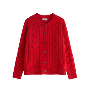 <span class=keywords><strong>Cardigan</strong></span> da Donna Ecologico Classico con Scollo a V e Maniche Lunghe in Morbido Misto Cotone, Chiusura Monopetto con Bottoni, Colori Crema, Nero, Rosso, Verde Salvia - Product Image 5