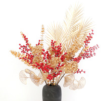 Baies rouges artificielles en plastique, fruits porte-bonheur, eucalyptus doré, feuilles d'abricot or et argent, feuillage en éventail, floral