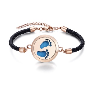 Custom 316L Stainless Steel Jewelry Kids Footprint Classic Essential Oil Diffuser 18K Gold Plated <b>Leather</b> <b>Bracelet</b> Gift - Product Image 5