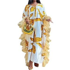 Nuevo Vestido Casual Holgado con Estampado y Volantes en V de Seda Sintética Estilo Medio Oriente para Mujer a la Moda - Product Image 1