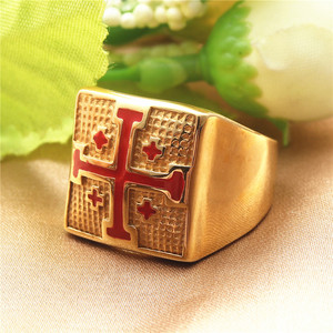 Men's <b>Cross</b> <b>Ring</b> Titanium Steel Enamel Red Gold Plated Punk Style Fashion Jewelry Gift - Product Image 2