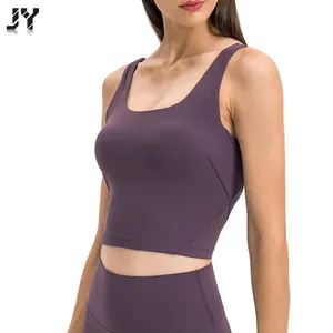 Joyyoung方形领口瑜伽上衣活动服装批发内置运动背心，带可拆卸衬垫