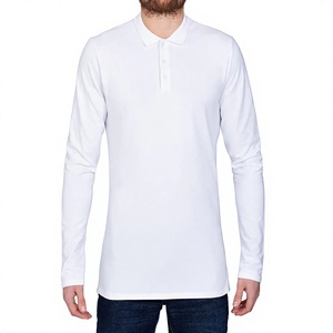 Polo à manches longues pour homme en coton blanc, décontracté, couleur unie, respirant, tricoté, coupe classique - Product Image 1