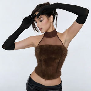 Sexy Mesh Patchwork Faux Fur Halter <b>Top</b> <b>Women</b> High Neck Slim Fit Sleeveless Clubwear Party Crop <b>Top</b> - Product Image 3