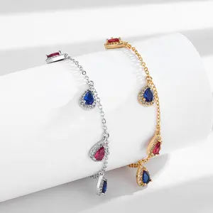 Gelang zirkon kuningan berlapis emas 18k perhiasan gelang wanita grosir batu merah dan biru