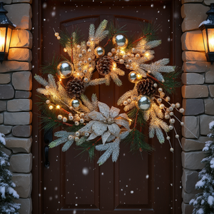 Guirlande de Noël 20 pouces, lumières chaudes, décoration de porte, guirlande traditionnelle en pin, blanc, vert, or, PVC - Product Image 2