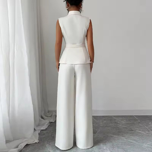 Women's Elegant Solid Pattern 2-Piece Set Sleeveless Collared Vest Straight-Leg <b>Pants</b> for <b>Summer</b> Casual Knitting Daily Wear - Product Image 2