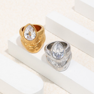 Stainless Steel 18K Gold Silver Plated Irregular Chunky <b>Ring</b> Inlaid Pear Shape Zircon Trendy Statement <b>Finger</b> <b>Ring</b> For Women - Product Image 3