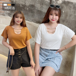 Camiseta de punto con cadena hueca y cuello redondo para mujer, talla grande, color sólido, manga corta N8017 - Product Image 1