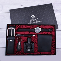 Set jam tangan kasual pria, 7 buah dengan dompet parfum kuarsa dengan tali kulit olahraga Set hadiah