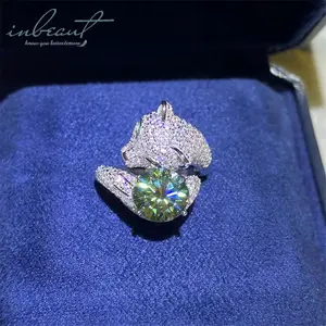 银色925原装2克拉亮钻测试过去绿色碳硅石豹纹形状戒指女性派对礼品精品珠宝