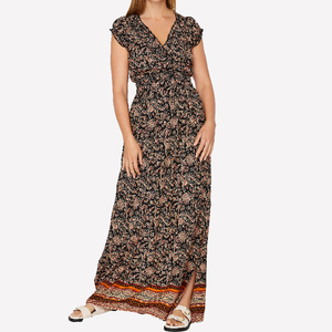 Abito <span class=keywords><strong>Lungo</strong></span> Boho Vintage da Donna in 100% Rayon Stampato <span class=keywords><strong>con</strong></span> <span class=keywords><strong>Maniche</strong></span> a Cappuccio, Scollo a V, Arricciature e <span class=keywords><strong>Spacco</strong></span> Laterale - Product Image 1