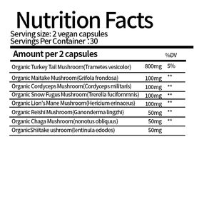 Kapsul suplemen campuran jamur organik 8-ekstrak tubuh buah-buahan 100%-kekebalan kebugaran-60 Kapsul Vegan-rak 24 bulan - Product Image 2