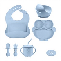 Ensemble d'alimentation pour bébé en silicone écologique motif hibou, 9 pièces, sans BPA, qualité alimentaire, cuillères de sevrage, bol à ventouse, assiette compartimentée
