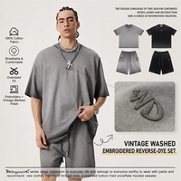 Ensemble 2 pièces pour homme OEM, style vintage délavé, dégradé, 100% coton, t-shirt et short streetwear oversize, survêtement avec logo brodé