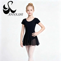 Vestido de Danza Anna Shi Negro de Manga Corta, Elástico y Ajustado, para Ballet, Clases, Exámenes y Prácticas