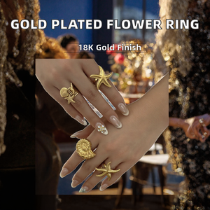 Juego de Anillos de Acero Inoxidable Chapado en Oro de 18K, Anillo Abierto Vintage con Diseño de Concha Marina, Estrella de Mar y Flor para Mujer, Joyería para Fiestas - Product Image 2