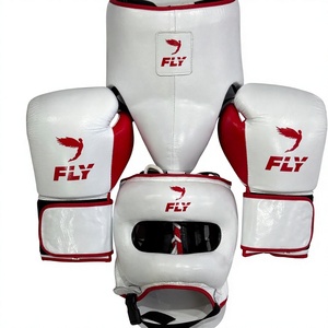 Ensemble d'équipement de boxe Fly : Casque, Gants, Protège-guêtres Blanc Rouge, Fermeture auto-agrippante, Cuir, Équipement d'entraînement pour adulte, Gants de boxe Winning - Product Image 1