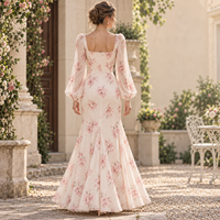Robe longue sirène formelle pour femme en mousseline à imprimé floral, col cœur, manches longues bouffantes, coupe ajustée, longueur ras du sol, OEM