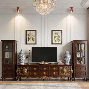 Meuble TV de style européen personnalisé BALOM, console de divertissement en bois avec détails sculptés pour le rangement du salon - Product Image 2