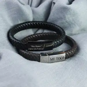 Vienna Leather Stainless Steel Mens Personalised Engraved Bracelet High Quality Genuine Leather Bracelet Homme