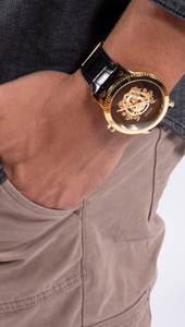<span class=keywords><strong>Reloj</strong></span> de lujo para <span class=keywords><strong>hombre</strong></span> en tono dorado |   Correa de Cuero Genuino |   Esfera con Diseño de Escudo |   <span class=keywords><strong>Reloj</strong></span> de Pulsera Elegante para Negocios y Uso Diario - Product Image 5