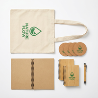 Ensemble cadeau promotionnel écologique personnalisé, carnet en bambou, stylo, sous-verre en liège, sac fourre-tout en toile pour événement d'entreprise