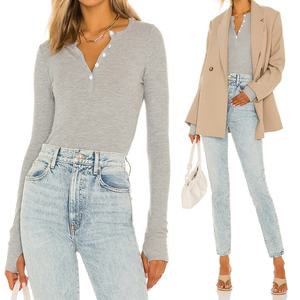 Soft <b>Thermal</b> Knit <b>Women</b> <b>Top</b> Long Sleeves Thumb Cut Outs Bodycon Grey Henley Tee - Product Image 6