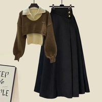 Grand ensemble d'automne pour femmes à la mode Nouveau pull ample chaud Taille haute Minceur Demi-jupe avec gilet Ensemble trois pièces